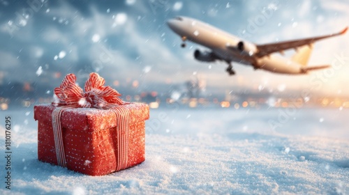 A vibrant red gift rests on pristine snow as an airplane ascends into a sunset sky filled with snowflakes.