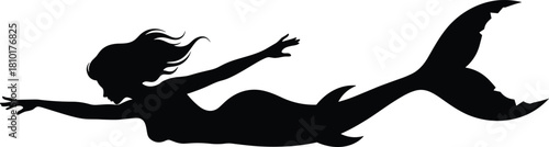 Black Silhouette of Swimming Mermaid, Mythical Creature, Siren, Sea Nymph, or Fantasy Water Spirit Vector Illustration for Design.