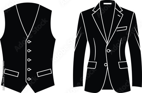 Black silhouette vector of formal men's vest and blazer with white outline, isolated fashion garments for tailoring and apparel design.