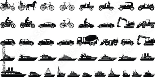 Black Silhouette Transportation Icon Set Featuring Land and Marine Vehicles from Carriages to Ships for Vector Illustration Use