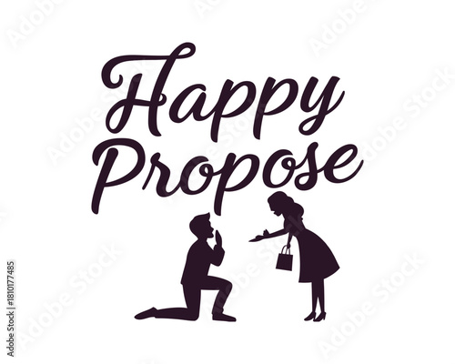 Romantic marriage proposal graphic with kneeling man and woman holding hand out in expectation happy propose text design