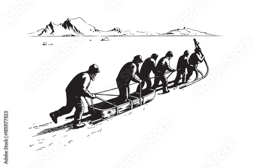 Explorers pulling sledges across an icy landscape