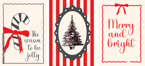 Hand drawn  Christmas greeting card set. Retro vintage Xmas elegant drawing set in minimalist style with frame, wreath, Christmas tree, merry and bright Whimsical vector poster design 