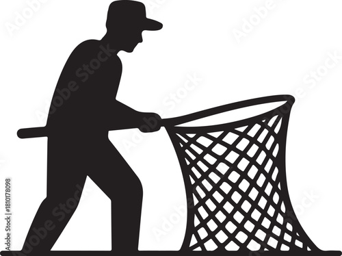 Silhouette icon of a fisherman pulling a fishing net