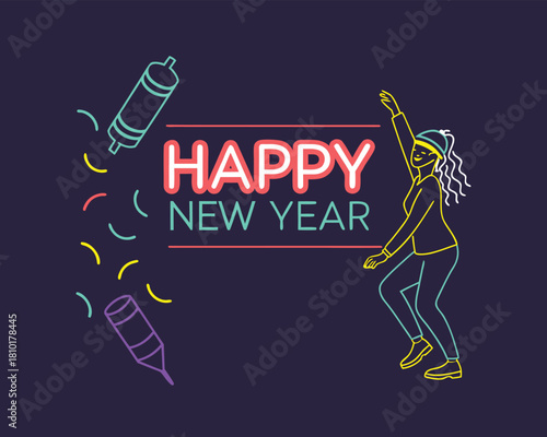 Vibrant New Year Celebration with Dancing Figure and Sparklers on a Bold Dark Blue Background Festive Seasons Greetings