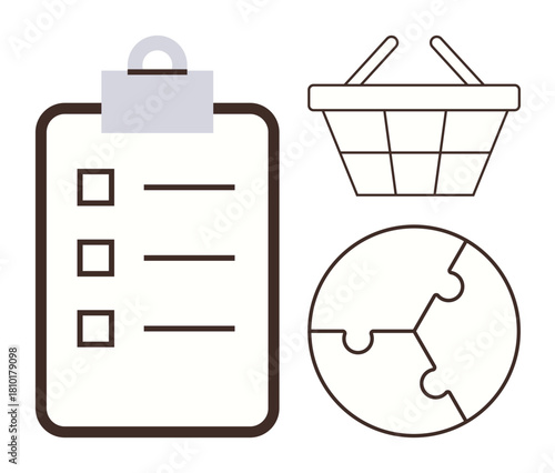 Checklist with tick boxes, shopping basket, globe puzzle illustrating planning, organization, global collaboration, task management, shopping, teamwork, business strategy simple flat metaphor