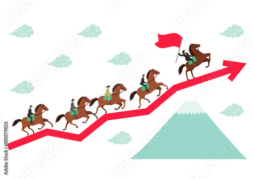 午年をイメージした矢印と富士山とビジネスマンが乗った馬が走るイラスト_女性リーダー
