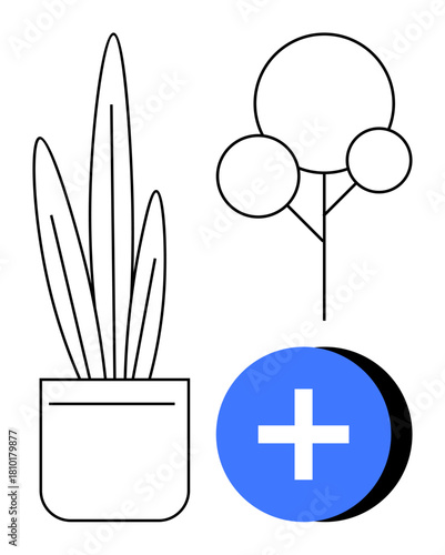 Abstract design. Abstract botanical shapes potted plant, circular tree, and blue plus symbol. Abstract blending nature and modernity. For design, branding, wellness, decor tech