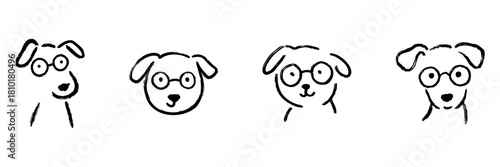 Dog With Glasses Line Icon Set In Doodle Style. Cute Pet Character With Eyewear Outline Sketch Collection. Playful And Whimsical Animal Illustrations. Hand Drawn Isolated Vector Illustration