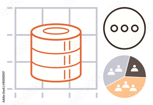 Database stack on grid chart with statistical segmentation pie and options menu. Ideal for data analysis, statistics, database management, tech solutions, business insights, digital marketing, simple