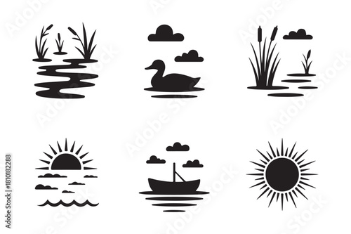 Black and white icons of nature and wildlife scenes