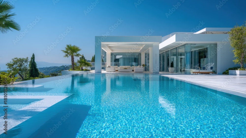 Fototapeta premium Bright and spacious villa stands beside a shimmering pool surrounded by lush greenery and mountains.