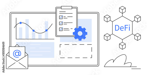 Data analysis, checklist, email notification, and blockchain highlighted to represent DeFi. Ideal for fintech, blockchain, business strategy, data visualization, financial technology cloud