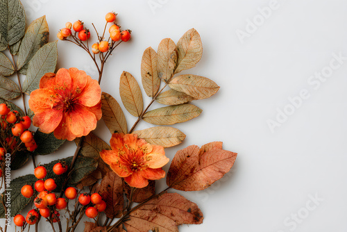 Autumn composition. Dried leaves, flowers, rowan berries on white background. Autumn, fall, thanksgiving day concept. Flat lay, top view, copy space