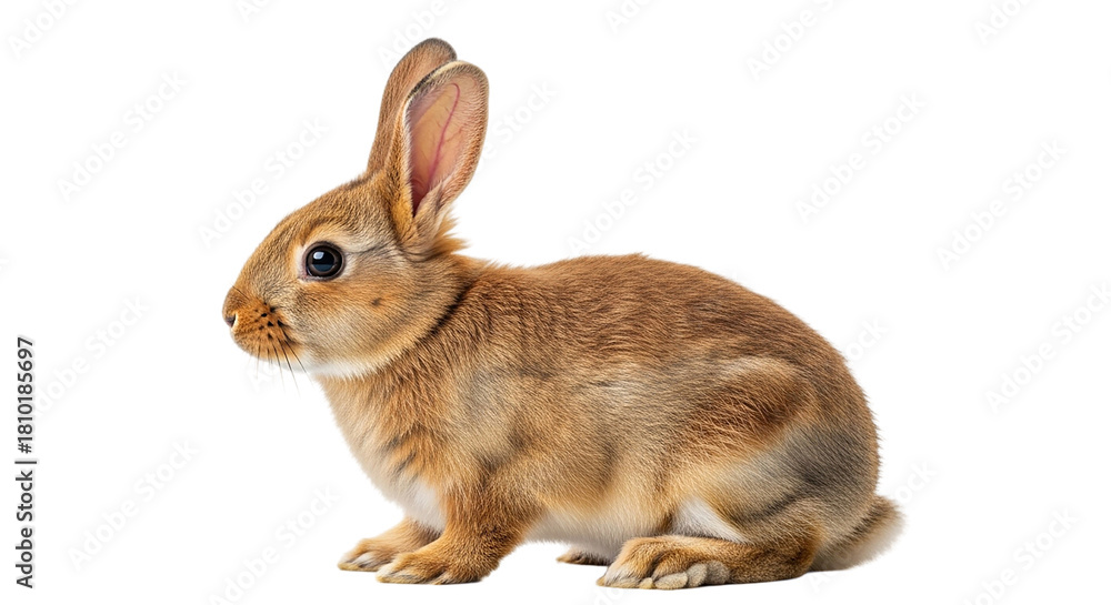 Fototapeta premium Realistic Illustration of a Cute Brown Rabbit Sitting in a Side Profile View with Detailed Soft Fur and Long Alert Ears Isolated on a Plain White Background