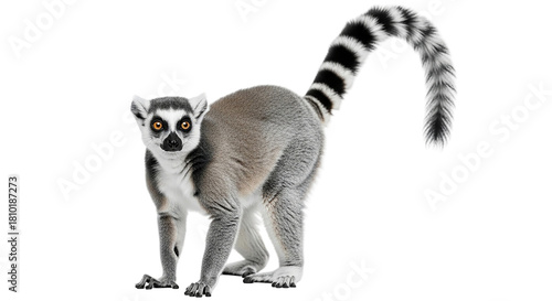 An alert ring tailed lemur strikes a pose in the inky darkness tail up as if asking a question on transparent background