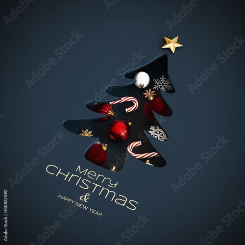 Dark blue paper cutout Christmas tree with Christmas symbols on blue background. Christmas greeting card design with text. 3D Rendering, 3D Illustration	

