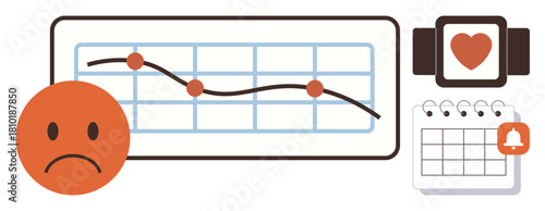 Graph with falling trend and red points, sad face, smartwatch with heart, calendar reminder. Ideal for health tracking, productivity, data analysis, habits, goals reminders simple flat metaphor