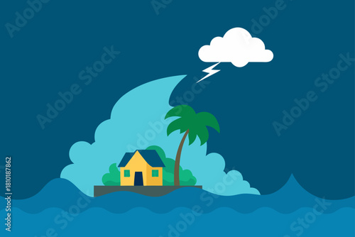 Cartoon cottage vector illustration on a winter hill landscape under a night sky with trees, clouds, and a glowing window