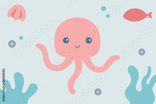 A funny cartoon vector illustration of an octopus with a pink heart and flower pattern on a seamless background design is perfect for a baby shower card