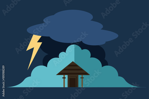 Cartoon vector illustration of a house in a storm with lightning and dark clouds in the night sky