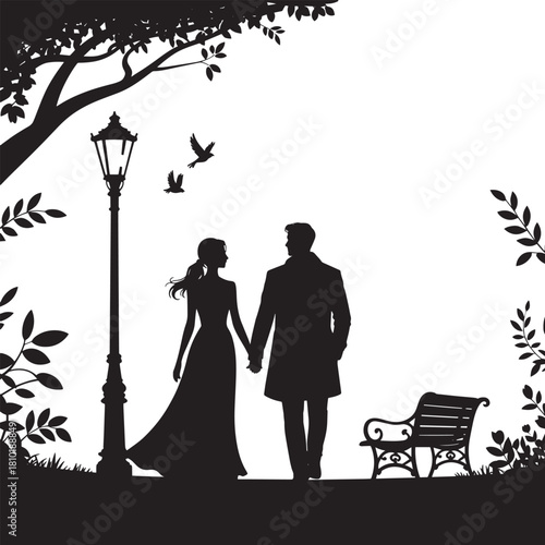 Couple in Love Silhouette Walking in Park with Bench and Lamp Post Hand in Hand
