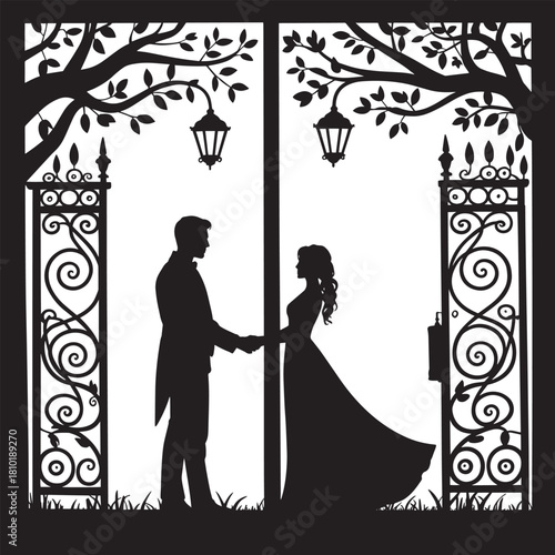 Silhouette Couple Meet Near Open Gate With Trees and Lanterns in the Evening