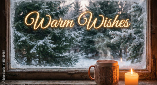 Warm Wishes: Cozy Winter Window with Steaming Mug and Candlelight