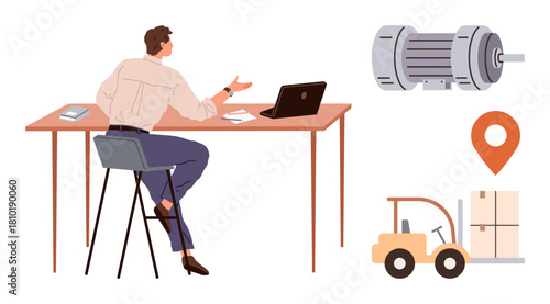 Man sits at desk with laptop discussing logistics, surrounded by industrial motor, forklift carrying boxes, and map pin. Ideal for supply chain, manufacturing, technology, transport, industry