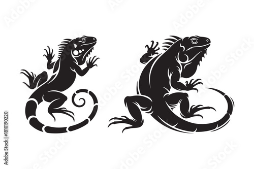 Two silhouetted iguanas in dynamic poses