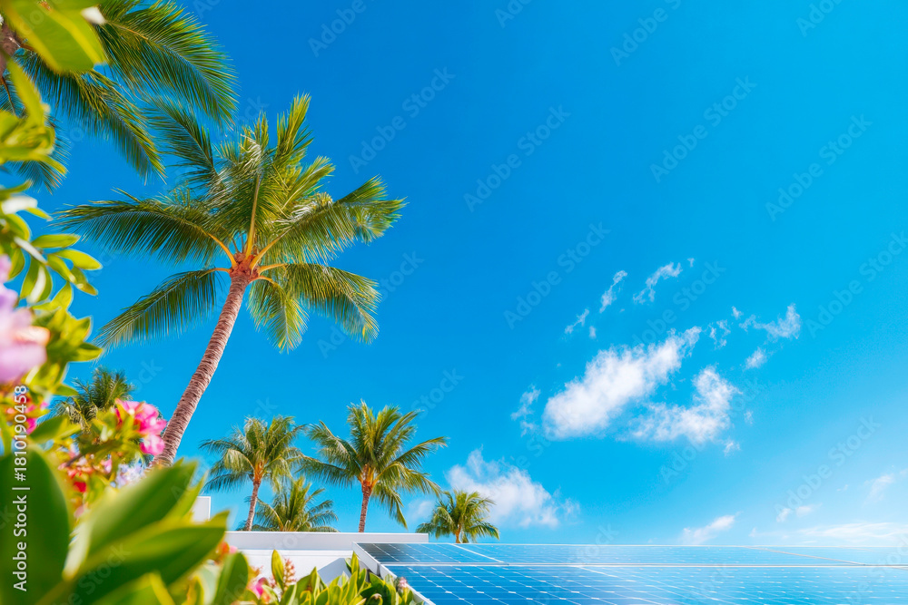 Fototapeta premium Ultra realistic Modern Solar Panels Installed on a Honolulu Hawaii Home Under a Clear Blue Sunny Sky