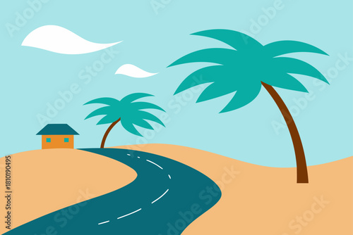Tropical island paradise: a palm tree on a sandy beach with the ocean, sun, and blue sky