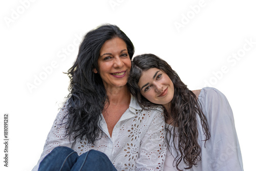 Mother and daughter embracing smiling together with transparent background