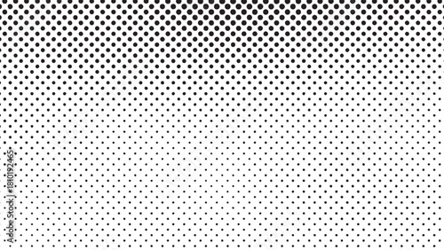Abstract simple black and white halftone pattern background with dots gradually fading from dense at the top to sparse at the bottom, creating a gradient effect vector illustration