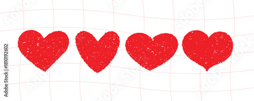 Four hand drawn red hearts in a row on a with subtle grid lines, symbolizing love and affection vector illustration