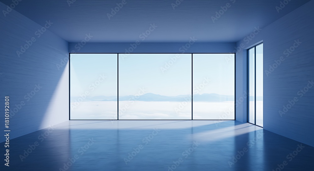 Fototapeta premium Minimalist room interior with large windows overlooking cloudy mountain landscape