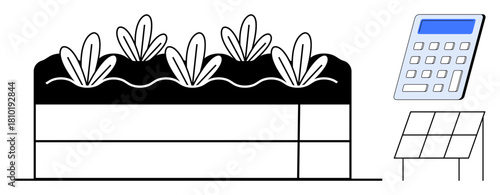 Raised bed with growing crops, solar panel, and calculator emphasizing efficiency, clean energy, and agriculture optimization. Ideal for farming innovation, environment, green energy, agritech