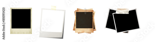 Realistic blank photo card frame, film set. Polaroid. Retro vintage photo. Digital snapshot image. Template or layout for design.