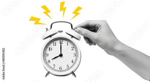 Greyscale Image of a Human Hand Turning Off the Alarm on a Classic Twin Bell Clock with Bright Yellow Lightning Bolt Icons Indicating Sound Isolated on a Plain White Background