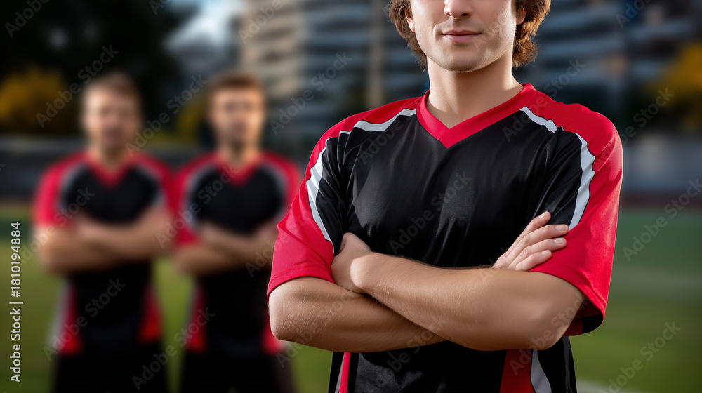 Naklejka premium Anonymous player's figure with defocused face and clear body positioning in team sportswear visible, with copy space