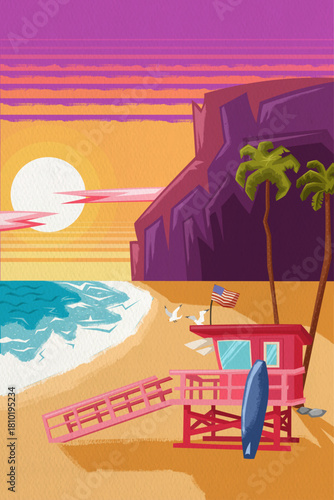 Vintage California beach sunset with lifeguard tower and retro coastal scenery