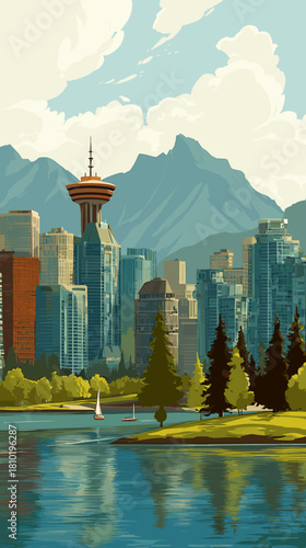 Cityscape of Vancouver, city of Canada, attractive touristic advertisement poster, beautiful touristic must-see destination. Beautiful tourist destination. Big city in Canada. Modern skyscrapers and m