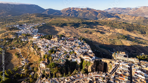 Aerial view of Ronda landscape and buildings with Puente Nuevo Bridge, Andalusia, Spain