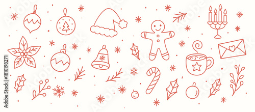 Christmas Doodle Icon Set – Hand Drawn Red Outline Holiday Elements, Winter Symbols, Festive Clipart