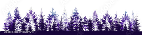 Fir trees violet silhouette. Christmas winter forest. Beautiful hand drawn panorama of coniferous forest. Not AI, vector illustration.