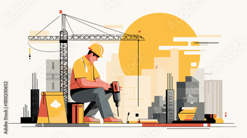 flat vector illustration of a construction site with an construction worker operating a jackhammer. the design style is flat, with simple elements, flat color blocks, bright colors, a simple backgroun