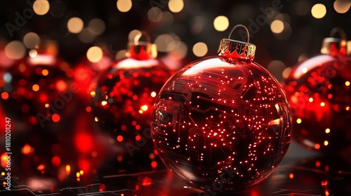 Elegant red Christmas ornaments with circuit board design shimmer against a backdrop of twinkling lights, evoking holiday cheer and futuristic style