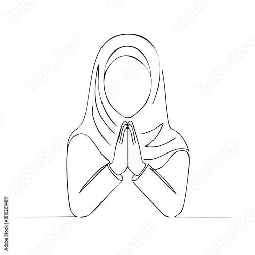 Elegant line art illustration of Muslim woman in hijab offering prayer, conveying spirituality, faith, devotion and culture