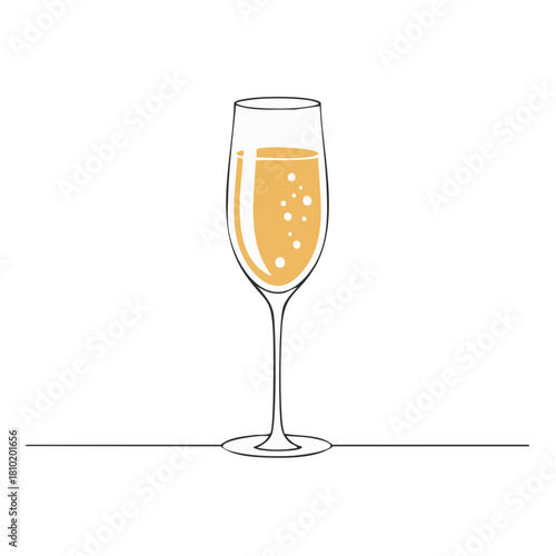 Simple continuous line drawing of a champagne flute with golden sparkling wine