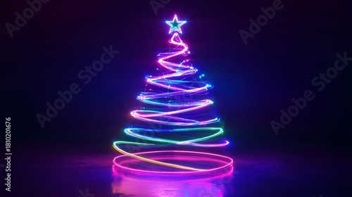 Light painted Christmas tree with a star on top radiating festive joy with vibrant neon colors for a modern holiday celebration concept